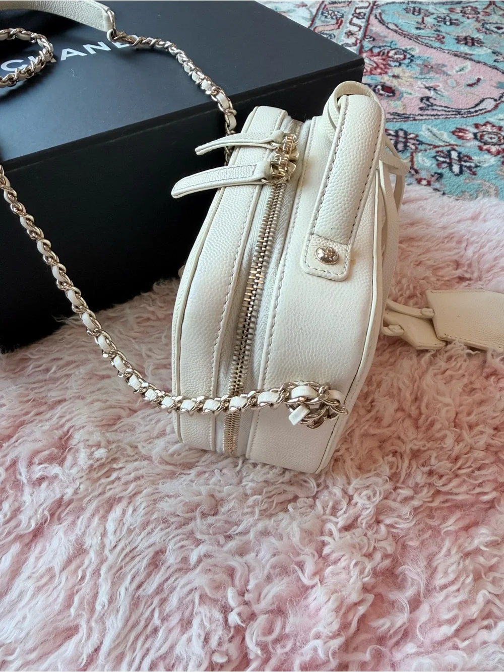CHANEL Cream Quilted Vanity Crossbody Bag with Gold Chain